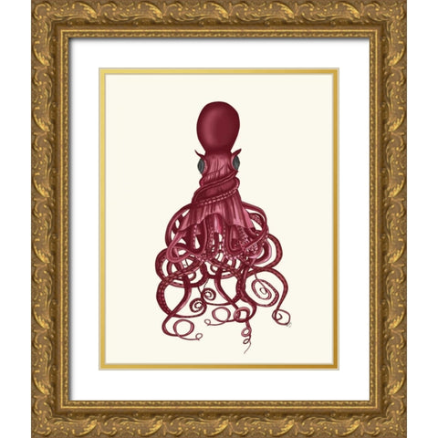 Octopus, Twisted Red Gold Ornate Wood Framed Art Print with Double Matting by Fab Funky