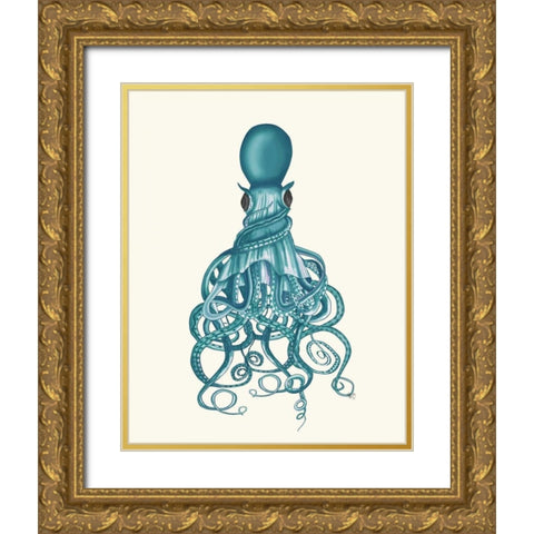 Octopus, Twisted Teal Gold Ornate Wood Framed Art Print with Double Matting by Fab Funky
