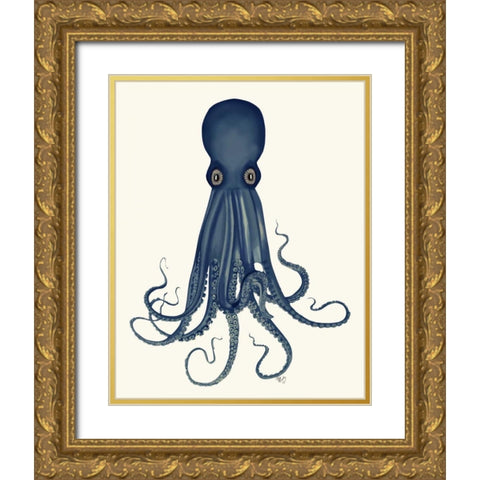 Octopus 8, Blue Gold Ornate Wood Framed Art Print with Double Matting by Fab Funky