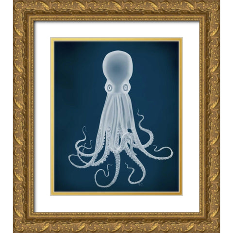 Octopus 8, White on Blue Gold Ornate Wood Framed Art Print with Double Matting by Fab Funky