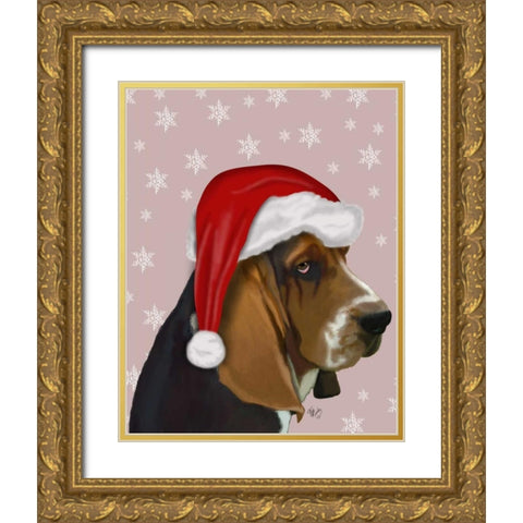 Basset Hound, Christmas Hat Gold Ornate Wood Framed Art Print with Double Matting by Fab Funky