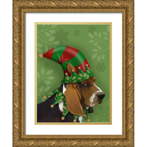 Basset Hound, Elf Hat Gold Ornate Wood Framed Art Print with Double Matting by Fab Funky