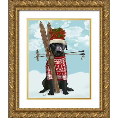 Black Labrador, Skiing Gold Ornate Wood Framed Art Print with Double Matting by Fab Funky