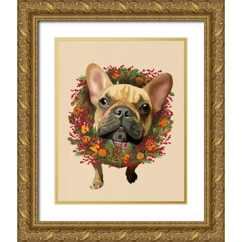 French Bulldog, Cranberry Wreath Gold Ornate Wood Framed Art Print with Double Matting by Fab Funky