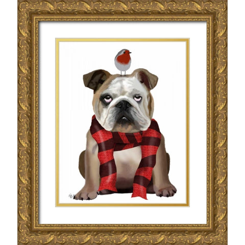 English Bulldog, Scarf and Robin Gold Ornate Wood Framed Art Print with Double Matting by Fab Funky