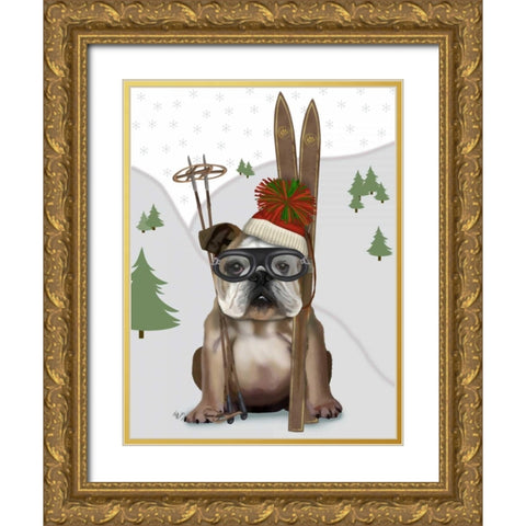 English Bulldog, Skiing Gold Ornate Wood Framed Art Print with Double Matting by Fab Funky
