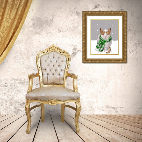 White Cat, Green Scarf Gold Ornate Wood Framed Art Print with Double Matting by Fab Funky