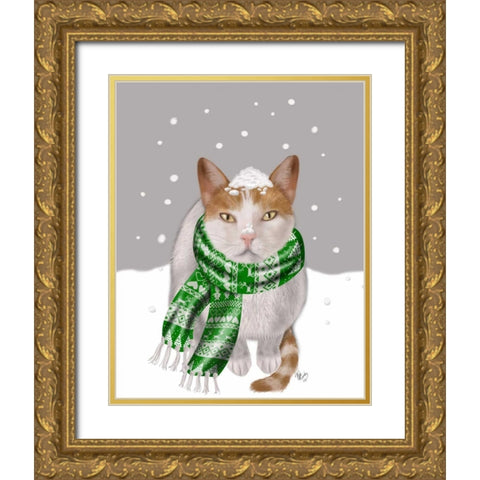 White Cat, Green Scarf Gold Ornate Wood Framed Art Print with Double Matting by Fab Funky