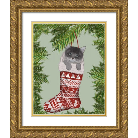 Grey Kitten in Christmas Stocking Gold Ornate Wood Framed Art Print with Double Matting by Fab Funky