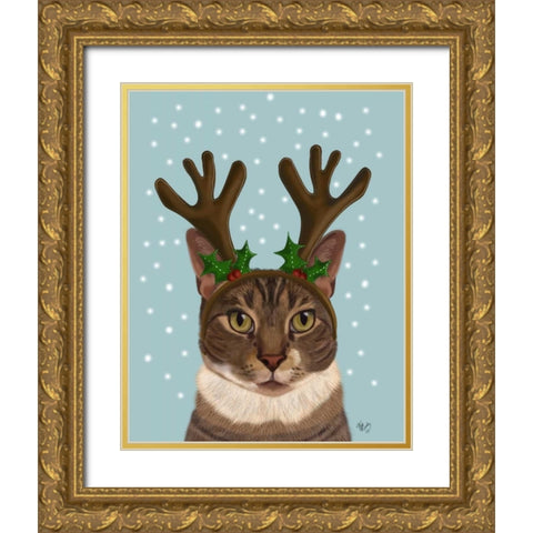 Calico Cat and Antlers Gold Ornate Wood Framed Art Print with Double Matting by Fab Funky