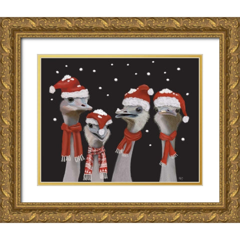 Ostrich, Christmas Gals Gold Ornate Wood Framed Art Print with Double Matting by Fab Funky
