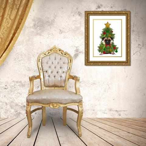 Pug, Christmas Tree Costume Gold Ornate Wood Framed Art Print with Double Matting by Fab Funky