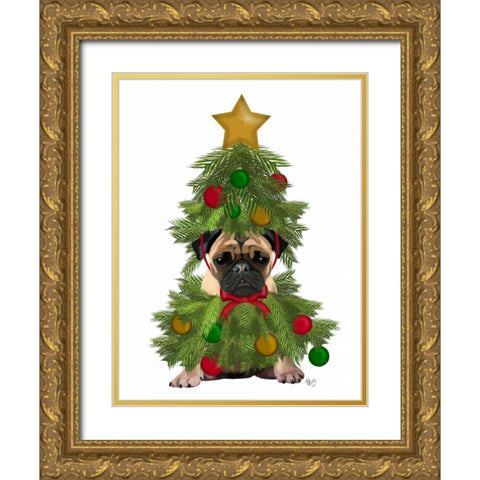 Pug, Christmas Tree Costume Gold Ornate Wood Framed Art Print with Double Matting by Fab Funky