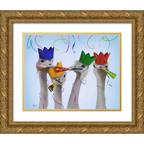 Ostrich, Party Gals Gold Ornate Wood Framed Art Print with Double Matting by Fab Funky