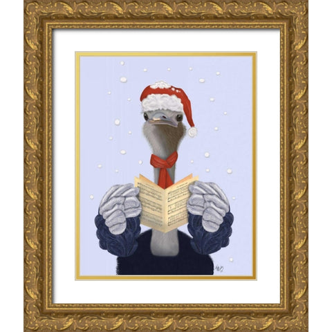 Ostrich, Carol Singing Gold Ornate Wood Framed Art Print with Double Matting by Fab Funky
