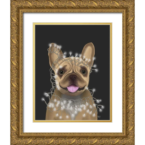 French Bulldog, Christmas Lights 2 Gold Ornate Wood Framed Art Print with Double Matting by Fab Funky