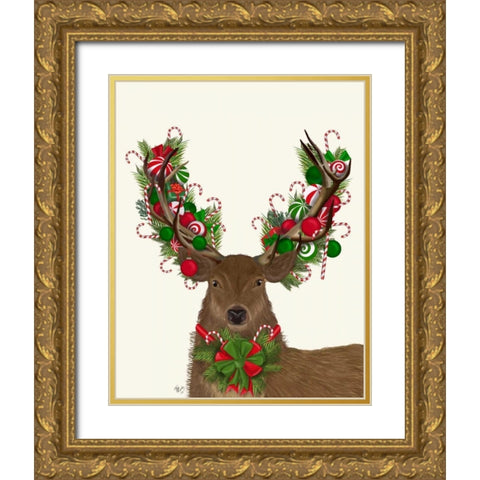 Deer, Candy Cane Wreath Gold Ornate Wood Framed Art Print with Double Matting by Fab Funky
