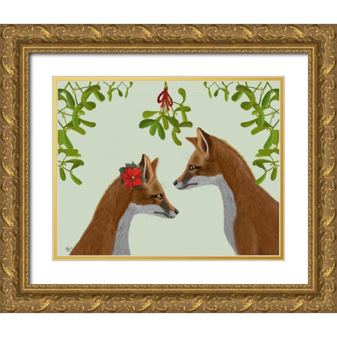 Foxes and Mistletoe Gold Ornate Wood Framed Art Print with Double Matting by Fab Funky