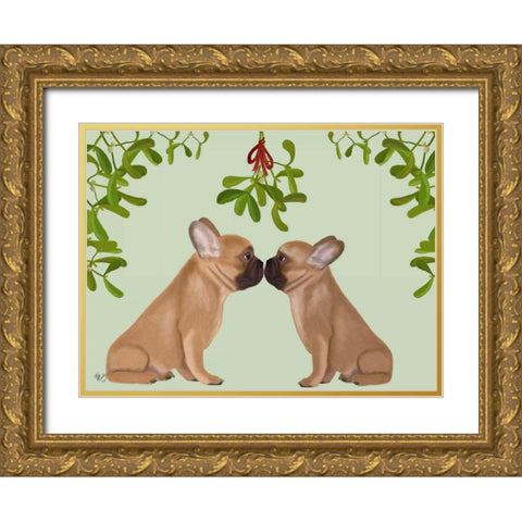 French Bulldogs and Mistletoe Gold Ornate Wood Framed Art Print with Double Matting by Fab Funky
