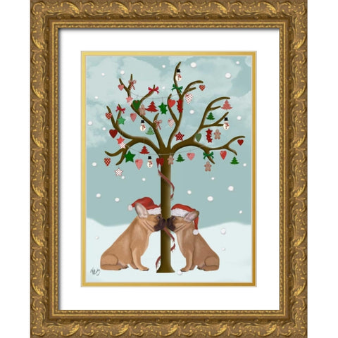 French Bulldogs and Christmas Tree Gold Ornate Wood Framed Art Print with Double Matting by Fab Funky