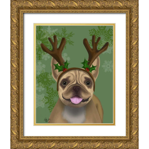French Bulldog, Antlers 1 Gold Ornate Wood Framed Art Print with Double Matting by Fab Funky
