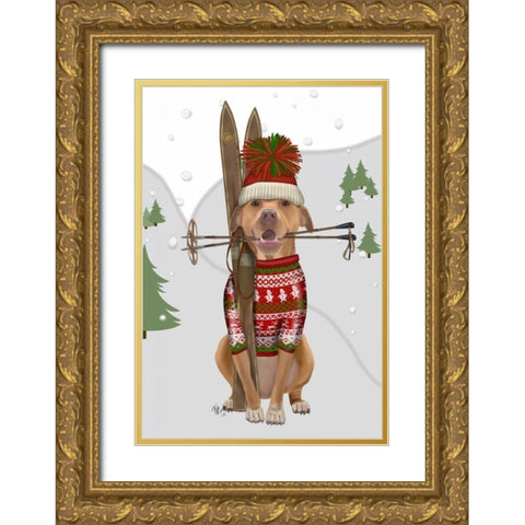 Pitbull Skiing Gold Ornate Wood Framed Art Print with Double Matting by Fab Funky