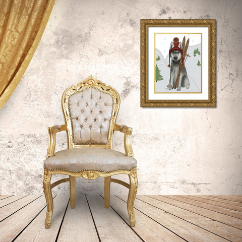 Husky Skiing Gold Ornate Wood Framed Art Print with Double Matting by Fab Funky