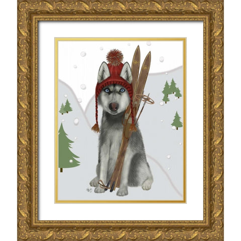 Husky Skiing Gold Ornate Wood Framed Art Print with Double Matting by Fab Funky