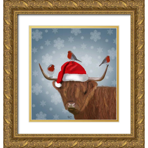 Highland Cow and Robins Gold Ornate Wood Framed Art Print with Double Matting by Fab Funky