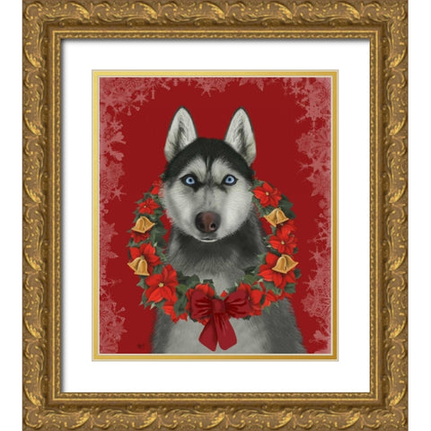 Husky and Poinsettia Wreath Gold Ornate Wood Framed Art Print with Double Matting by Fab Funky