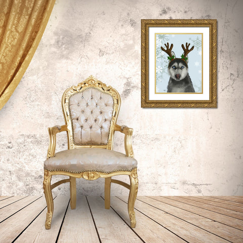 Husky and Antlers Gold Ornate Wood Framed Art Print with Double Matting by Fab Funky