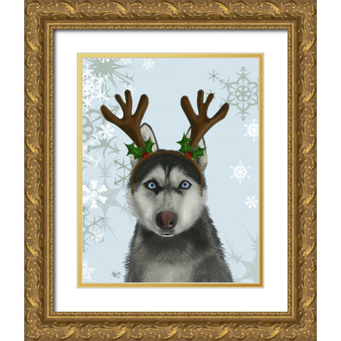 Husky and Antlers Gold Ornate Wood Framed Art Print with Double Matting by Fab Funky