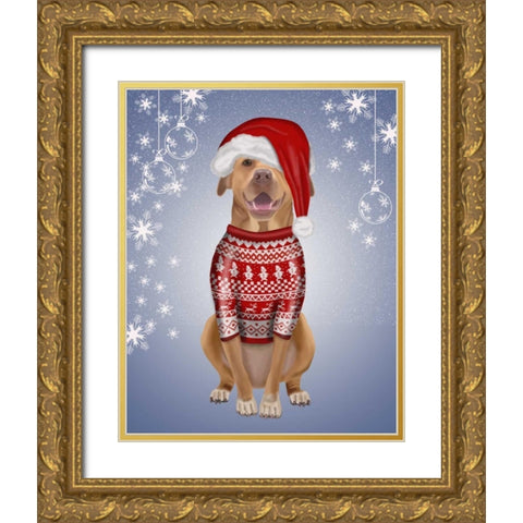 Pitbull in Christmas Sweater Gold Ornate Wood Framed Art Print with Double Matting by Fab Funky
