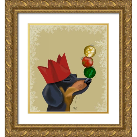 Dachshund, Party Trick Baubles Gold Ornate Wood Framed Art Print with Double Matting by Fab Funky