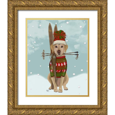 Yellow Labrador, Skiing Gold Ornate Wood Framed Art Print with Double Matting by Fab Funky