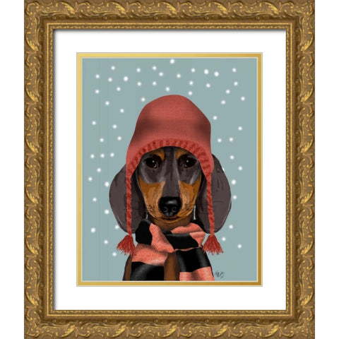 Dachshund With Woolly Hat and Scarf Gold Ornate Wood Framed Art Print with Double Matting by Fab Funky