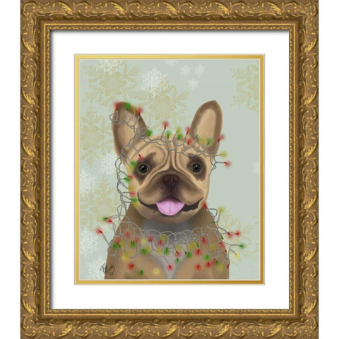 French Bulldog, Christmas Lights 1 Gold Ornate Wood Framed Art Print with Double Matting by Fab Funky