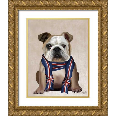 English Bulldog with Scarf Gold Ornate Wood Framed Art Print with Double Matting by Fab Funky