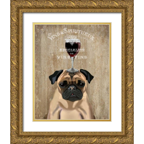 Dog Au Vin, Pug Gold Ornate Wood Framed Art Print with Double Matting by Fab Funky