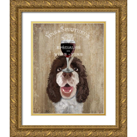 Dog Au Vin, Springer Spaniel Gold Ornate Wood Framed Art Print with Double Matting by Fab Funky
