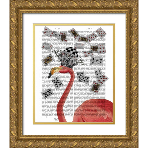 Flamingo and Cards Gold Ornate Wood Framed Art Print with Double Matting by Fab Funky