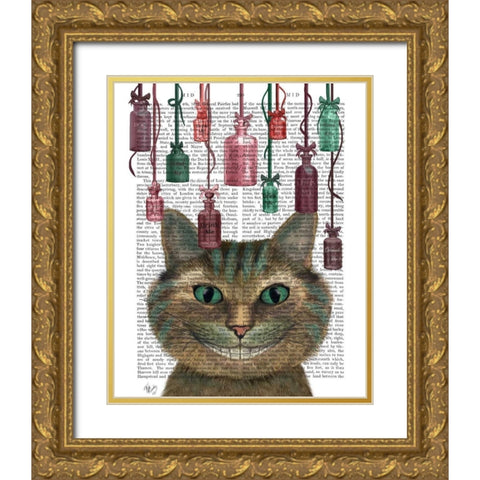 Cheshire Cat and Bottles Gold Ornate Wood Framed Art Print with Double Matting by Fab Funky