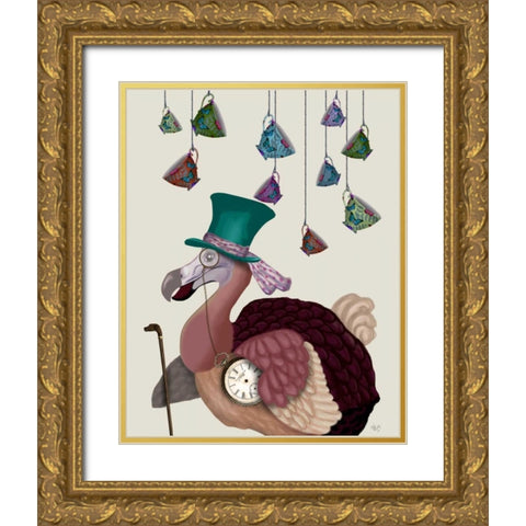 Dodo with Hanging Teacups Gold Ornate Wood Framed Art Print with Double Matting by Fab Funky