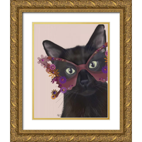 Cat and Flower Glasses Gold Ornate Wood Framed Art Print with Double Matting by Fab Funky