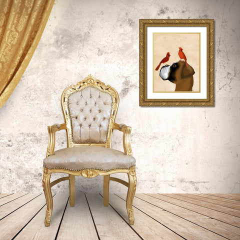 Boxer and Red Cardinals Gold Ornate Wood Framed Art Print with Double Matting by Fab Funky