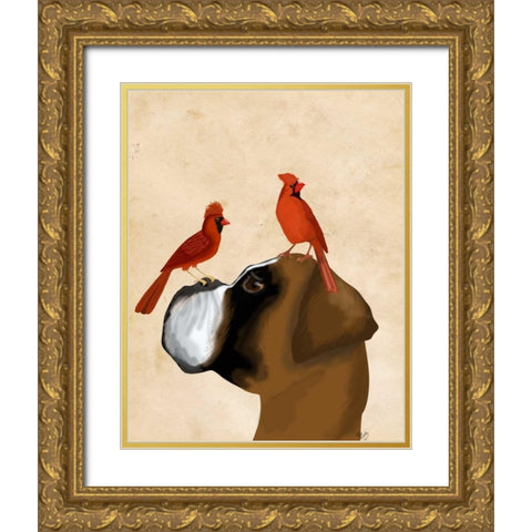 Boxer and Red Cardinals Gold Ornate Wood Framed Art Print with Double Matting by Fab Funky