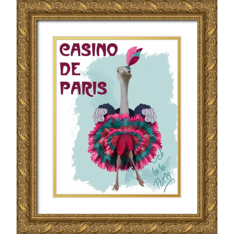 Ostrich, Can Can in Pink and Turquoise Gold Ornate Wood Framed Art Print with Double Matting by Fab Funky