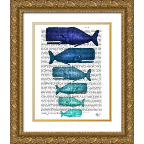 Blue Whale Family Gold Ornate Wood Framed Art Print with Double Matting by Fab Funky