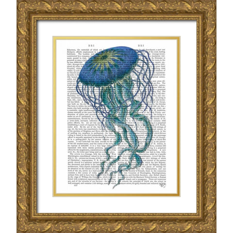 Blue Jellyfish 1 Gold Ornate Wood Framed Art Print with Double Matting by Fab Funky