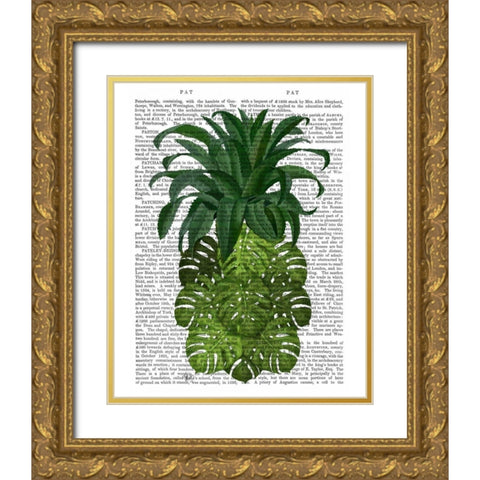 Pineapple, Monstera Leaf Gold Ornate Wood Framed Art Print with Double Matting by Fab Funky